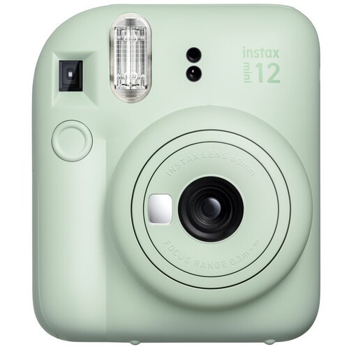 Aparat foto instant Fujifilm Instax Mini 12 Party Pack, verde – Set Evenimente cu 10 Filme, Felicitare si Carioca