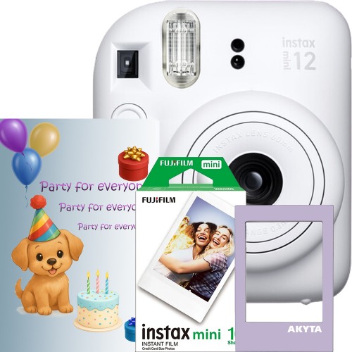 Aparat foto instant Fujifilm Instax Mini 12 Party Pack, alb – Set Evenimente cu 10 Filme, Felicitare si rama magnetica