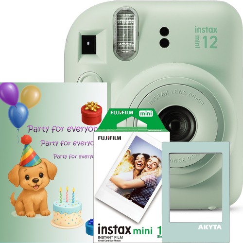 Aparat foto instant Fujifilm Instax Mini 12 Party Pack, verde – Set Evenimente cu 10 Filme, Felicitare si rama magnetica