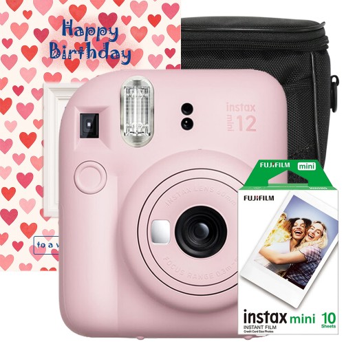 Set Cadou Zi de Nastere – aparat foto instant Fujifilm Instax Mini 12 Roz cu Film, Husa si Felicitare