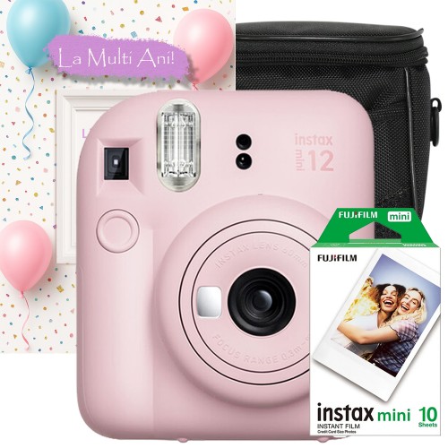 Set Cadou Zi de Nastere – aparat foto instant Fujifilm Instax Mini 12 Roz cu Film, Husa si Felicitare