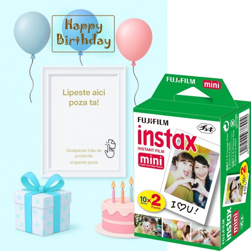 Set Film Fujifilm Instax Mini 2x10 + Felicitare Cadou Aniversar, bleu – Pachet Instant Creativ