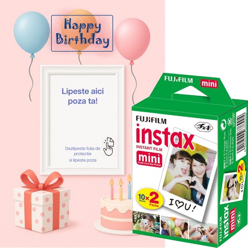 Set Film Fujifilm Instax Mini 2x10 + Felicitare Cadou Aniversar, roz – Pachet Instant Creativ
