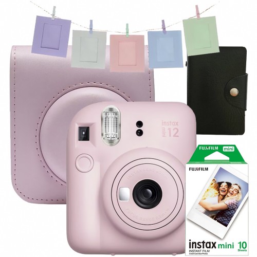 Aparat foto instant Fujifilm Instax Mini 12 Roz + Geanta, Album, Rame, Film Mini 1x10