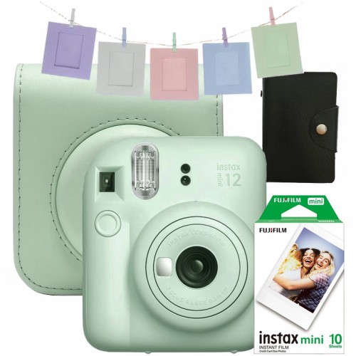 Aparat foto instant Fujifilm Instax Mini 12 Verde + Geanta, Album, Rame, Film Mini 1x10
