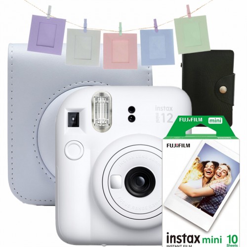 Aparat foto instant Fujifilm Instax Mini 12 Clay White + Geanta, Album, Rame , Film Mini 1x10