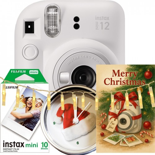 Aparat foto instant Fujifilm Instax mini 12, Alb cu 10 filme, ghirlanda lumini, felicitare Instant, ceas Craciun