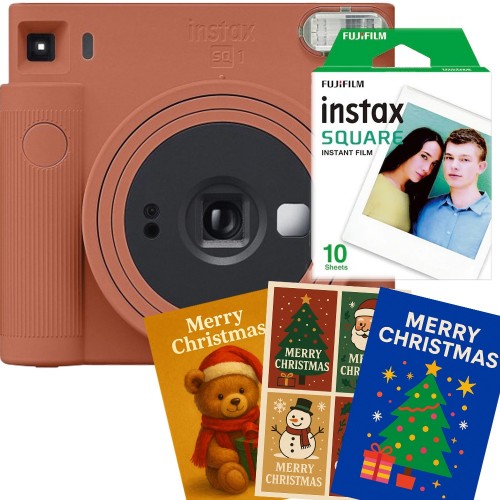 Aparat foto instant Fujifilm Instax SQ1 Orange cu film 1x10 si 3 felicitari Merry Christmas