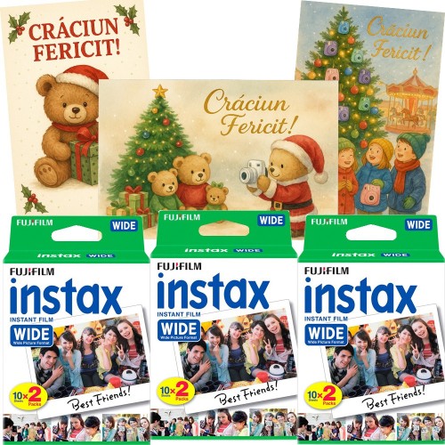 3 Filme Fujifilm Instax Wide 2x10, 60 buc, cu 3 felicitari Magic Memories