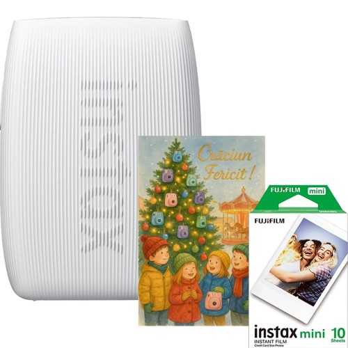 Fujifilm Instax imprimanta pentru smartphone miniLink 3, alb, cu film 1x10 si felicitare Craciun copii
