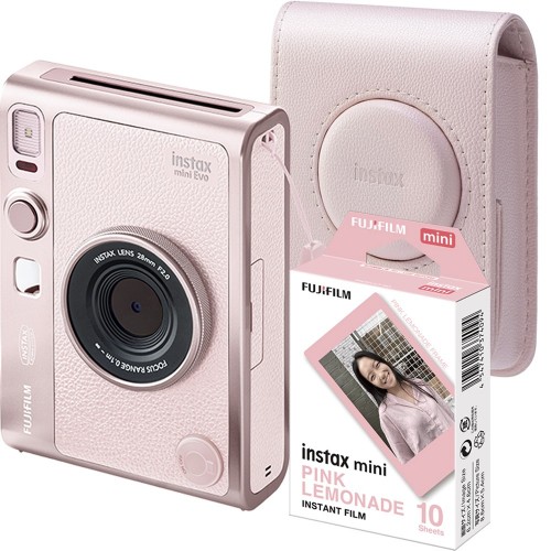 Aparat foto Fujifilm Instax mini Evo, Gentle Rose, cu geanta si film 1x10 pink
