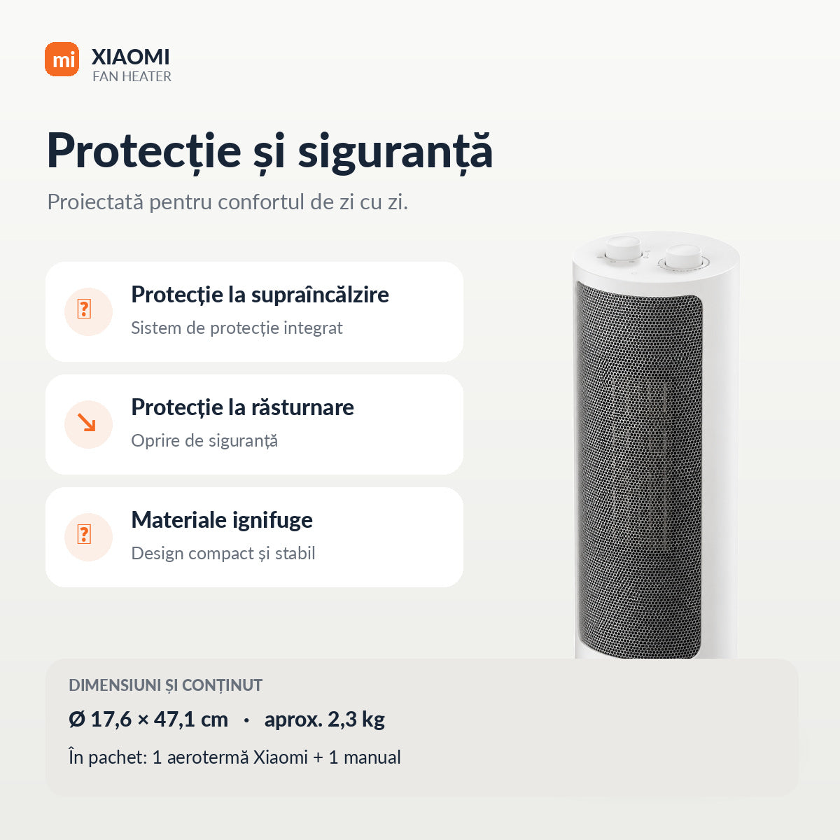 Aeroterma Xiaomi BHR8228EU, 2000 W, Incalzitor ceramic, Protectie impotriva rasturnarii, Protectie supraincalzire, Diametru elice 17.6 cm, Alb