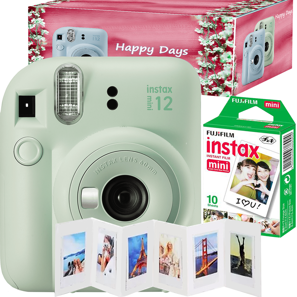 Aparat foto instant Fujifilm Instax mini 12, Lilac Purple cu 10 filme, rama acordeon si cutie Happy Days