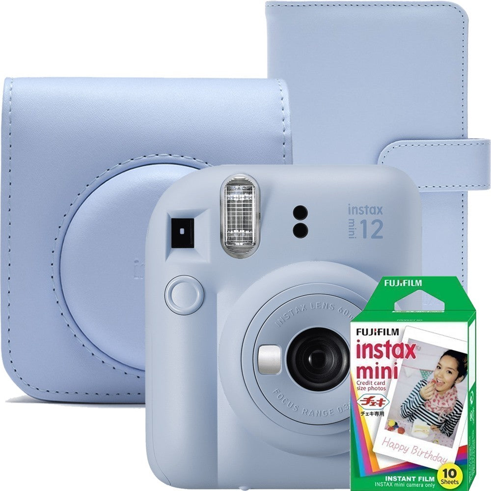 Aparat foto instant Fujifilm Instax mini 12, Lilac Purple cu husa, album foto si film 1x10