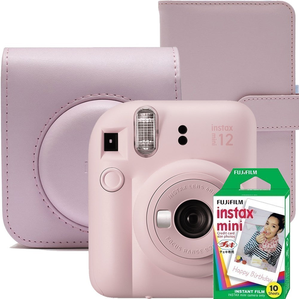 Aparat foto instant Fujifilm Instax mini 12, Lilac Purple cu husa, album foto si film 1x10