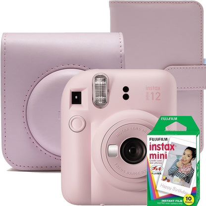 Aparat foto instant Fujifilm Instax mini 12, Lilac Purple cu husa, album foto si film 1x10