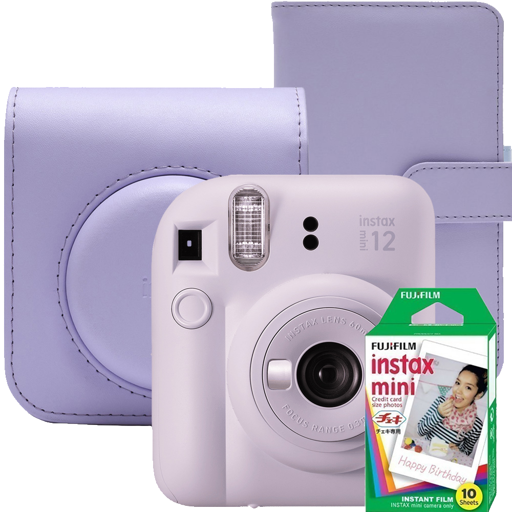 Aparat foto instant Fujifilm Instax mini 12, Lilac Purple cu husa, album foto si film 1x10