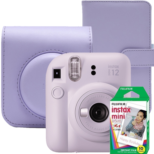 Aparat foto instant Fujifilm Instax mini 12, Lilac Purple cu husa, album foto si film 1x10