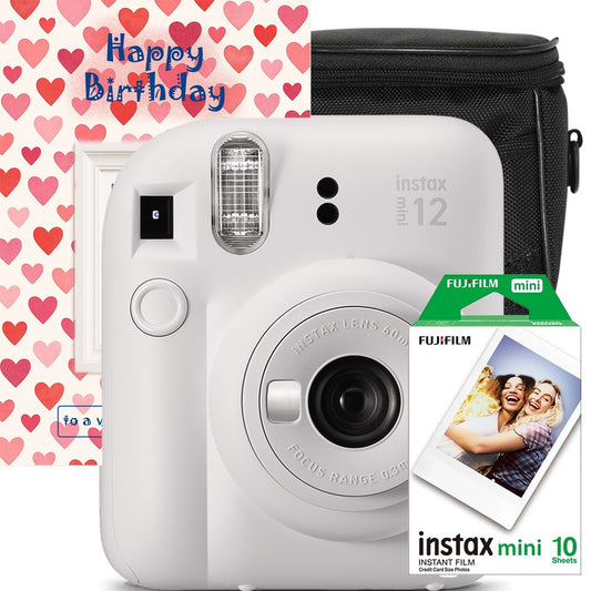 Set Cadou Zi de Nastere – aparat foto instant Fujifilm Instax Mini 12 Alb cu Film, Husa si Felicitare