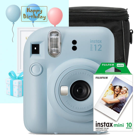 Set Cadou Zi de Nastere – aparat foto instant Fujifilm Instax Mini 12 Bleu cu Film, Husa si Felicitare