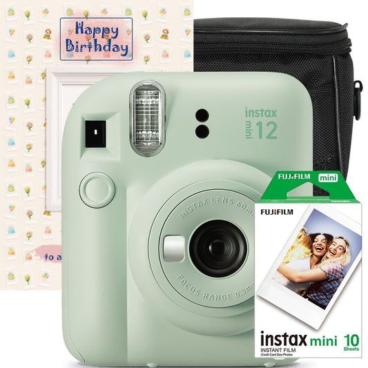 Set Cadou Zi de Nastere – aparat foto instant Fujifilm Instax Mini 12 Verde cu Film, Husa si Felicitare