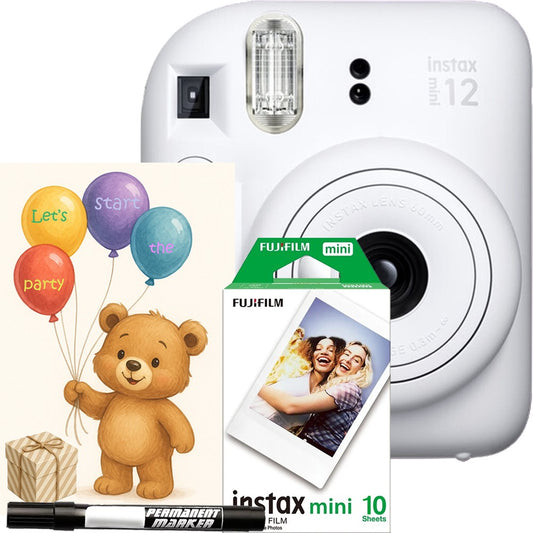Aparat foto instant Fujifilm Instax Mini 12 Party Pack, alb – Set Evenimente cu 10 Filme, Felicitare si Carioca