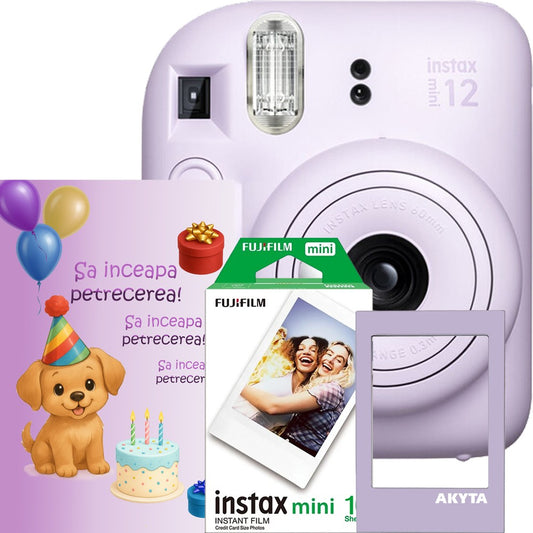 Aparat foto instant Fujifilm Instax Mini 12 Party Pack, mov – Set Evenimente cu 10 Filme, Felicitare si rama magnetica