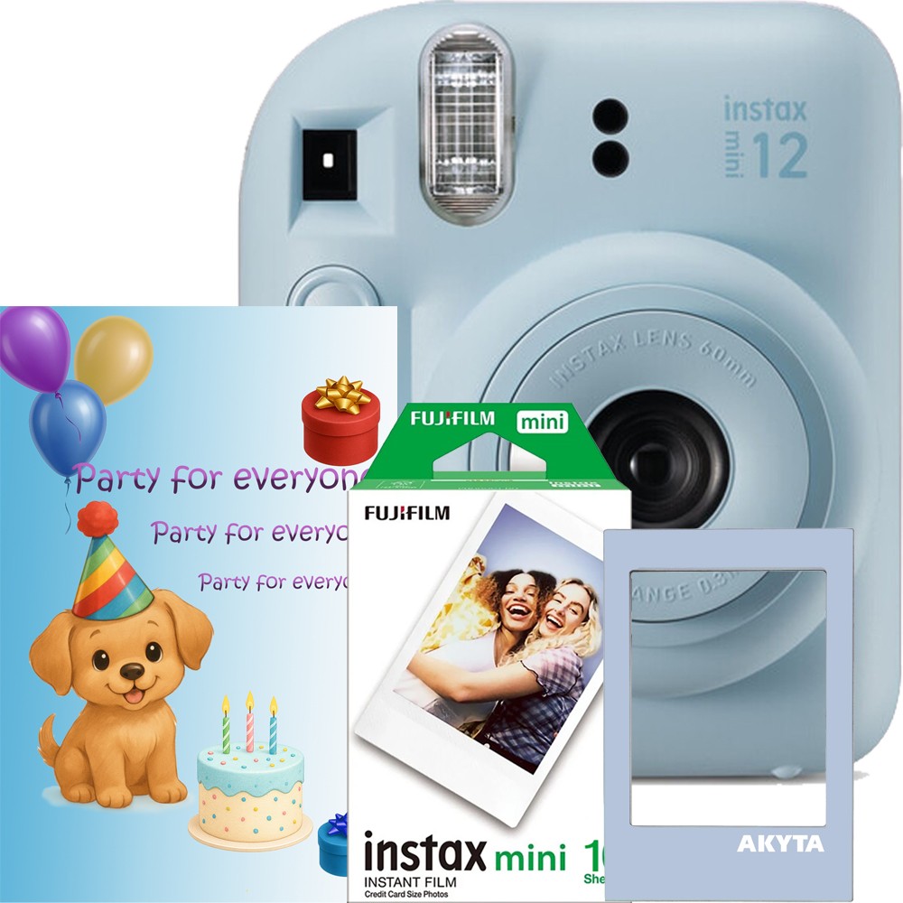 Aparat foto instant Fujifilm Instax Mini 12 Party Pack, bleu – Set Evenimente cu 10 Filme, Felicitare si rama magnetica