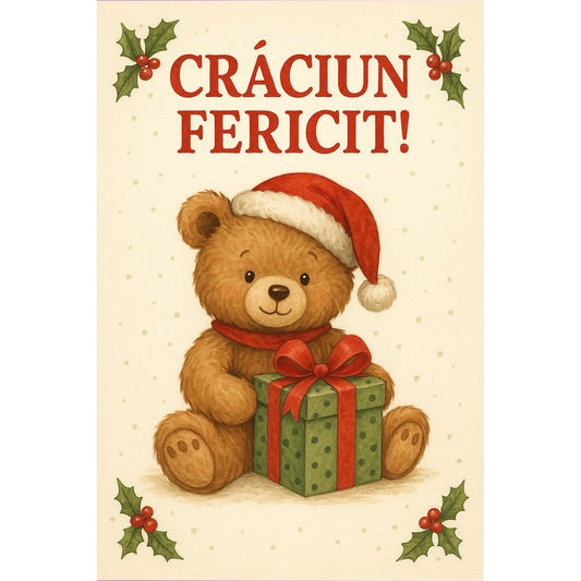 Felicitare Craciun Fericit- Ursulet langa cutie cadou