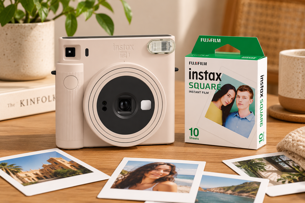 Set Aparat foto instant Fujifilm SQ1 Clay White + Film Square 1x10