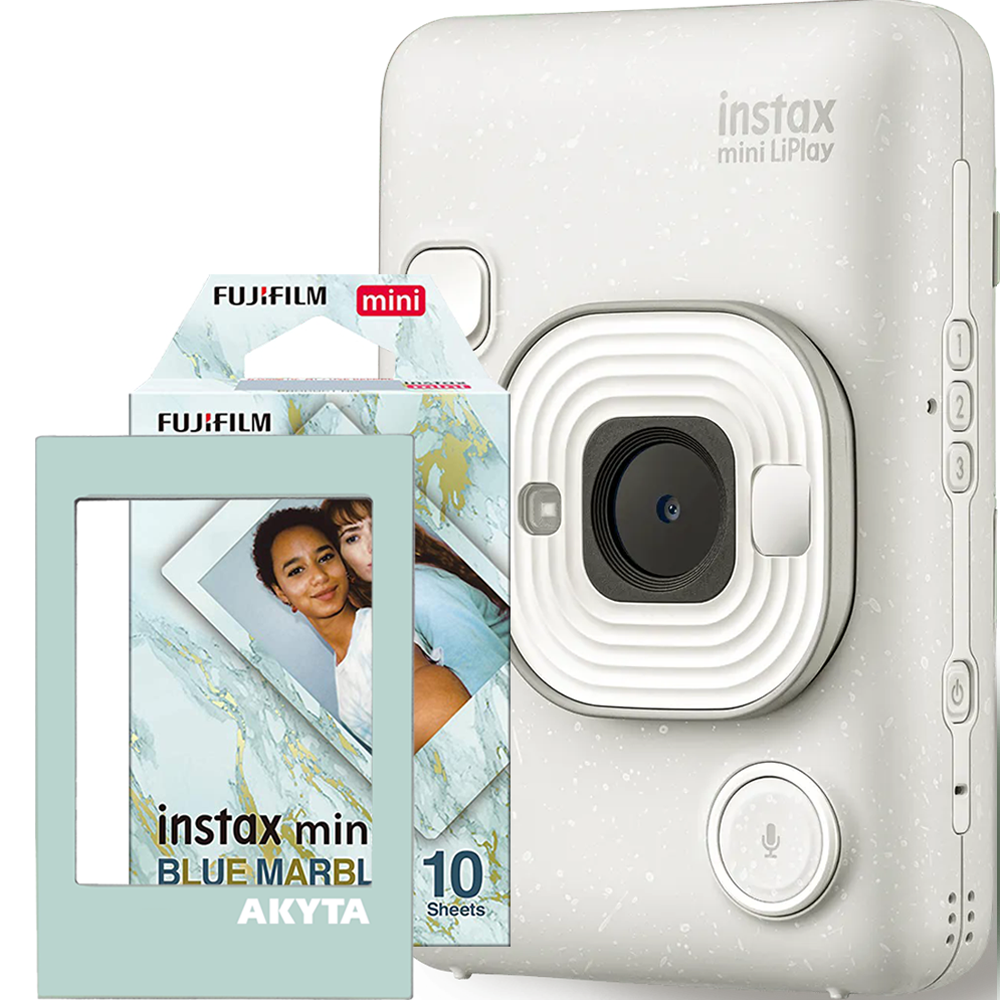 Aparat foto instant hibrid Fujifilm Instax mini LiPlay verde cu hartie 1x10 si rama magnetica Akyta
