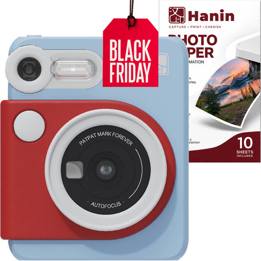 Set Aparat Foto Instant Hanin M6 Birthday Albastru – 10 Fotografii Incluse, Bluetooth, Senzor Premium