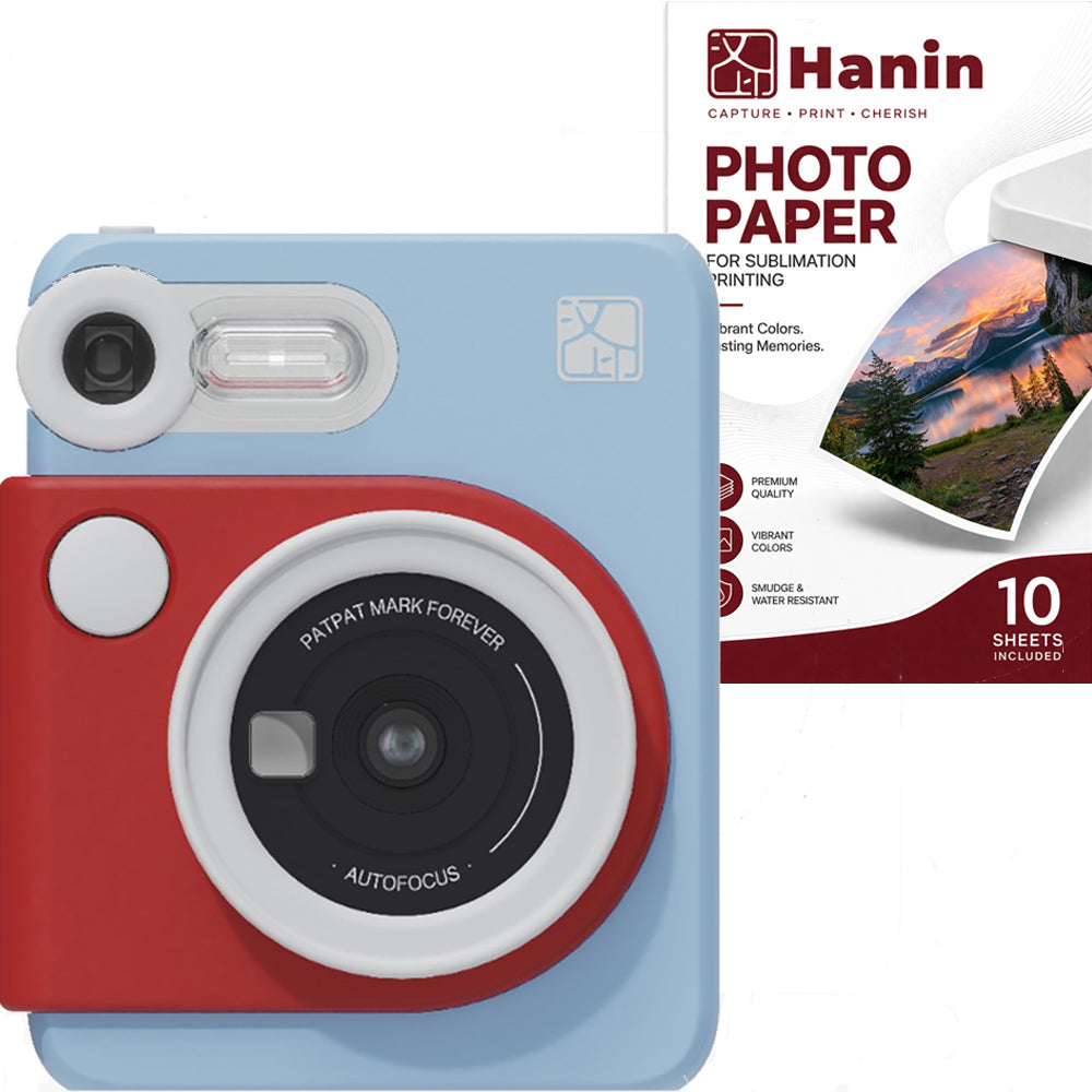 Set Aparat Foto Instant Hanin M6 Birthday Albastru – 10 Fotografii Incluse, Bluetooth, Senzor Premium
