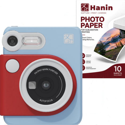 Set Aparat Foto Instant Hanin M6 Birthday Albastru – 10 Fotografii Incluse, Bluetooth, Senzor Premium