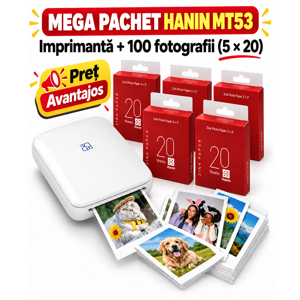 Mega pachet Imprimantă foto portabilă Hanin MT53 ZINK + 100 coli suplimentare (105 în total)