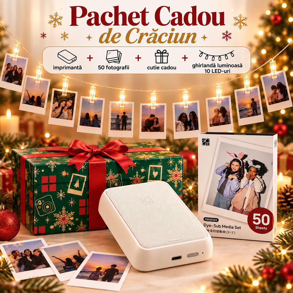Pachet cadou de Crăciun: imprimantă foto Hanin CP2200 + 50 coli foto, ghirlandă și cutie
