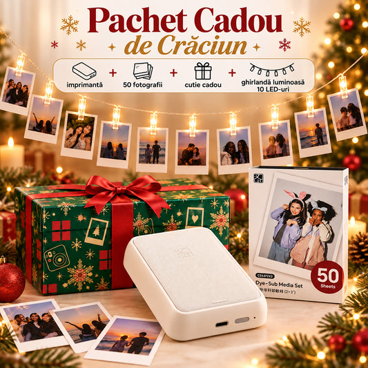 Pachet cadou de Crăciun: imprimantă foto Hanin CP2200 + 50 coli foto, ghirlandă și cutie