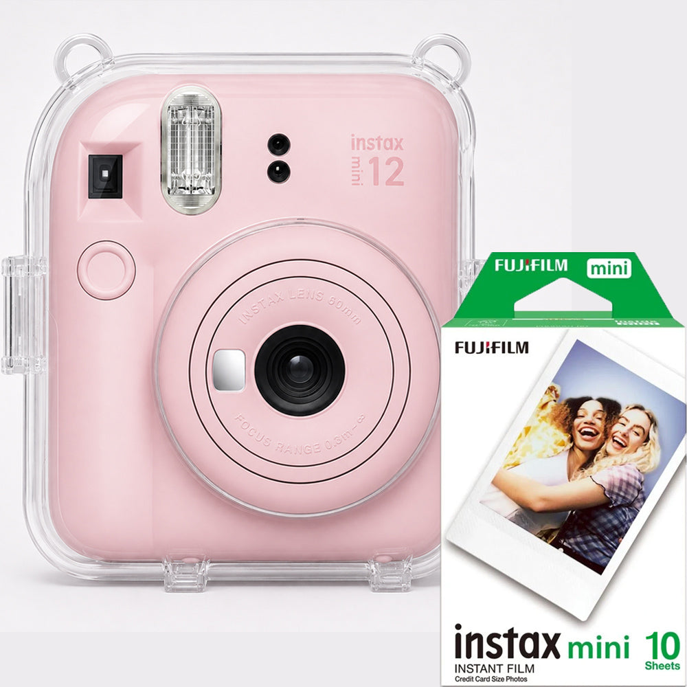 Set Fujifilm Instax Mini 12 Roz – Aparat Foto Instant + Husă Transparentă + Film Instax Mini 10 Poze