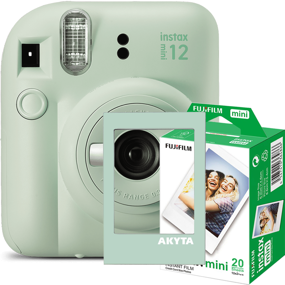 Camera foto instant Fujifilm Instax mini 12, Pastel Blue cu rama magnetica Akyta si 20 filme