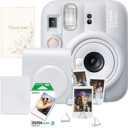 Set aparat foto Fujifilm instax mini 13 Clay White, alb + film 10 poze + husă + album + suport poze + felicitare