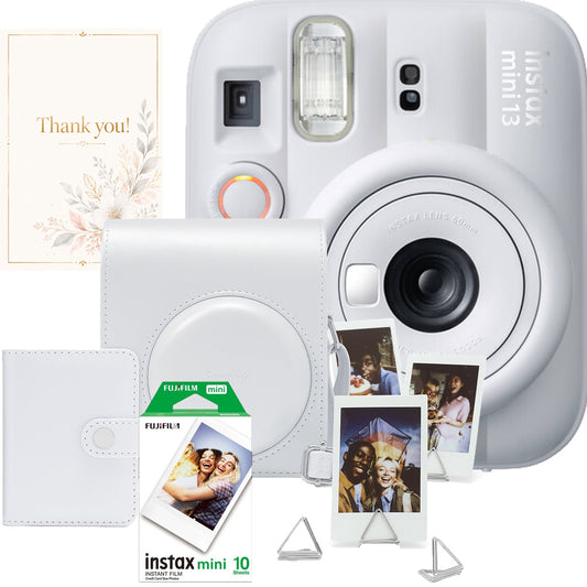 Set aparat foto Fujifilm instax mini 13 Clay White, alb + film 10 poze + husă + album + suport poze + felicitare