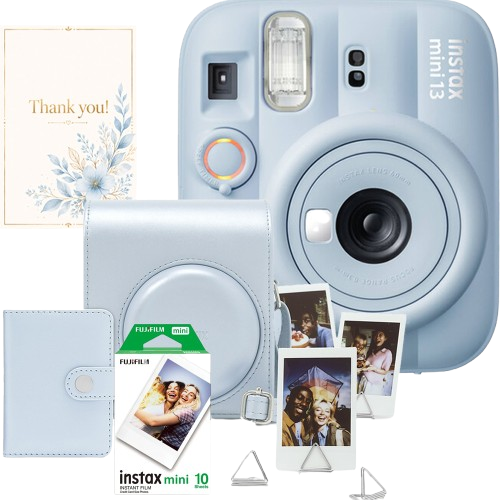 Set aparat foto Fujifilm instax mini 13 Frost Blue, bleu + film 10 poze + husă + album + suport poze + felicitare