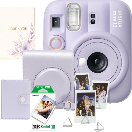 Set aparat foto Fujifilm instax mini 13 Dreamy Purple, mov + film 10 poze + husă + album + suport poze + felicitare
