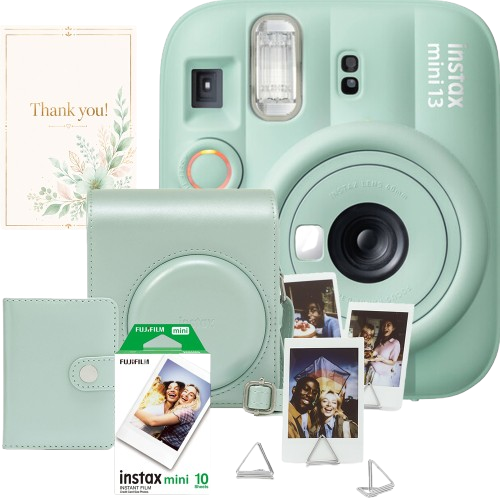 Set aparat foto Fujifilm instax mini 13 Lagoon Green, verde + film 10 poze + husă + album + suport poze + felicitare