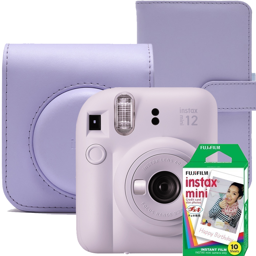 Aparat foto instant Fujifilm Instax mini 12, Lilac Purple cu husa, album foto si film 1x10