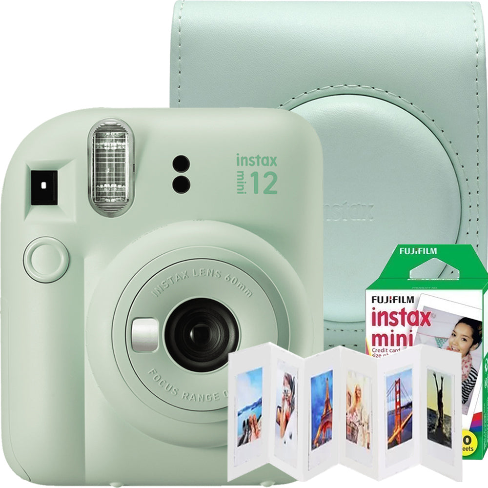 Set aparat foto instant Fujifilm Instax mini 12, Pastel Blue cu husa Fujifilm, rama 6 pozitii Akyta si film 1x10