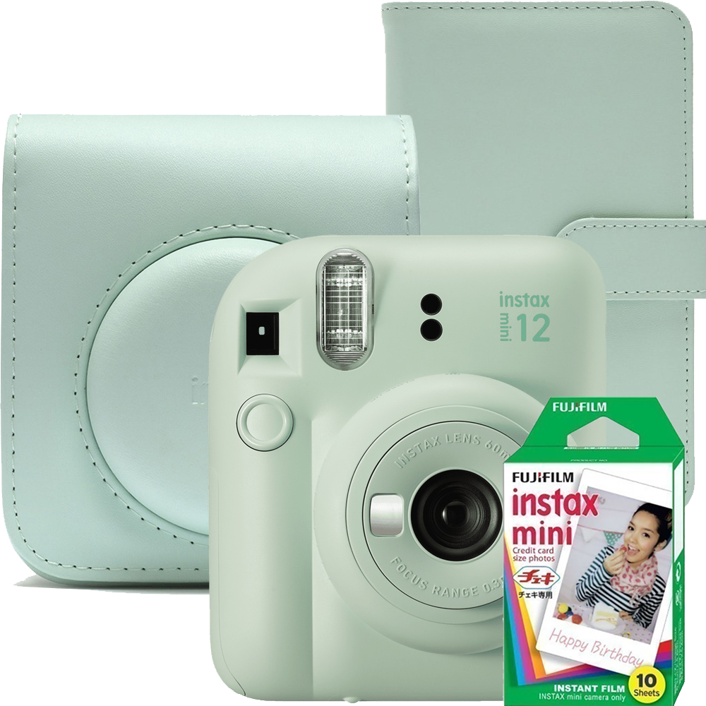 Aparat foto instant Fujifilm Instax mini 12, Lilac Purple cu husa, album foto si film 1x10