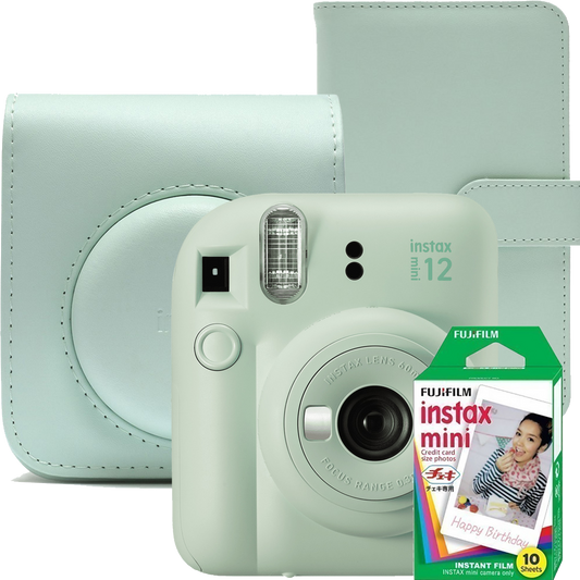 Aparat foto instant Fujifilm Instax mini 12, Lilac Purple cu husa, album foto si film 1x10