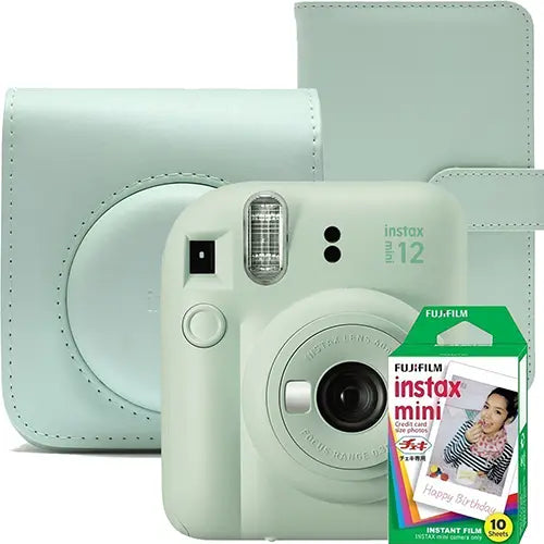 Aparat foto instant Fujifilm Instax mini 12, Mint green cu husa, album foto si film 1x10