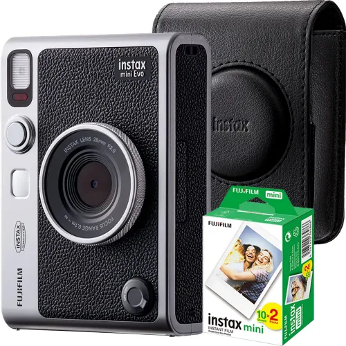 Aparat foto Fujifilm Instax mini Evo, maro, cu geanta si film 2x10
